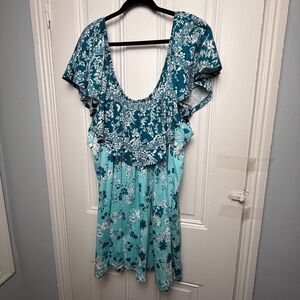 On/Off Shoulder Floral Midi Dress Womens 5X Blue Ruffle Cotton Rayon Vacation